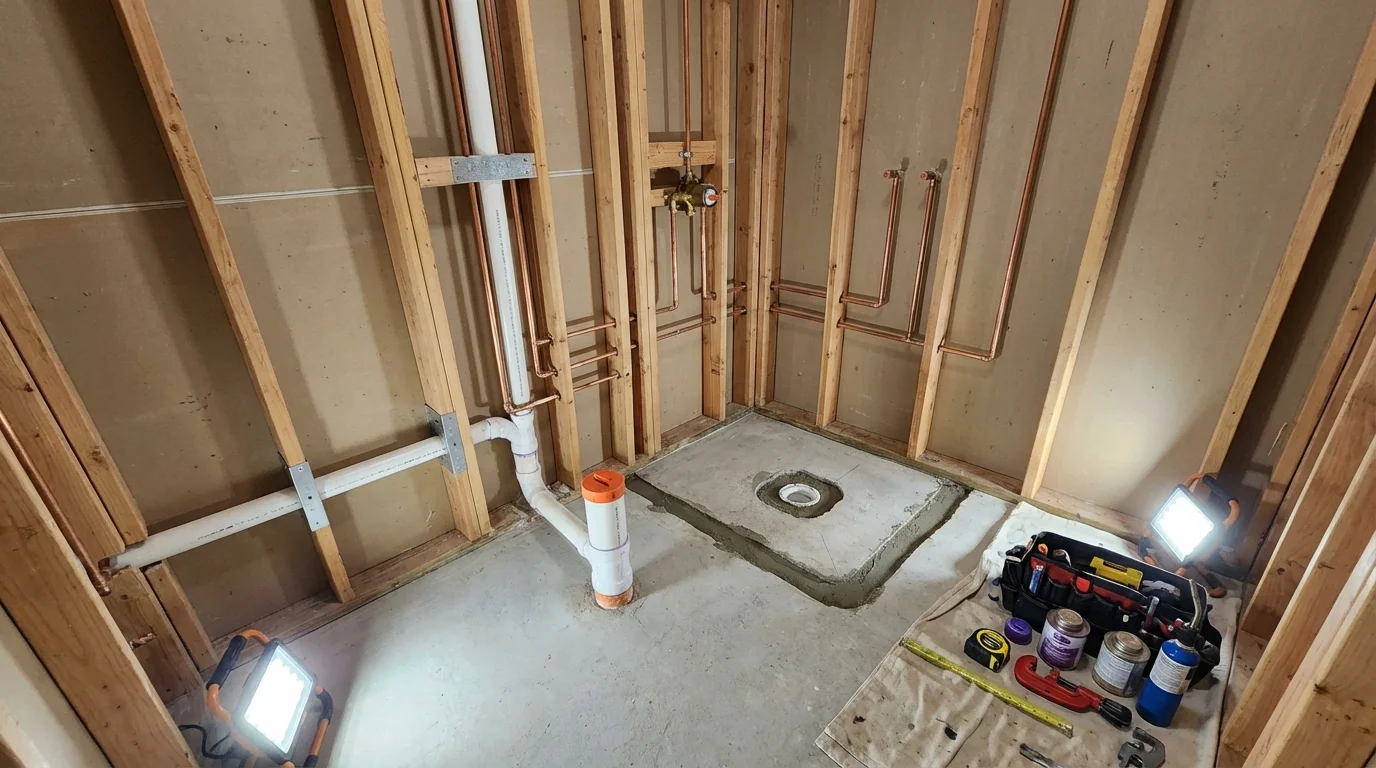 Bathroom rough-in plumbing during remodel by Johns Plumbing LLC in Zimmerman