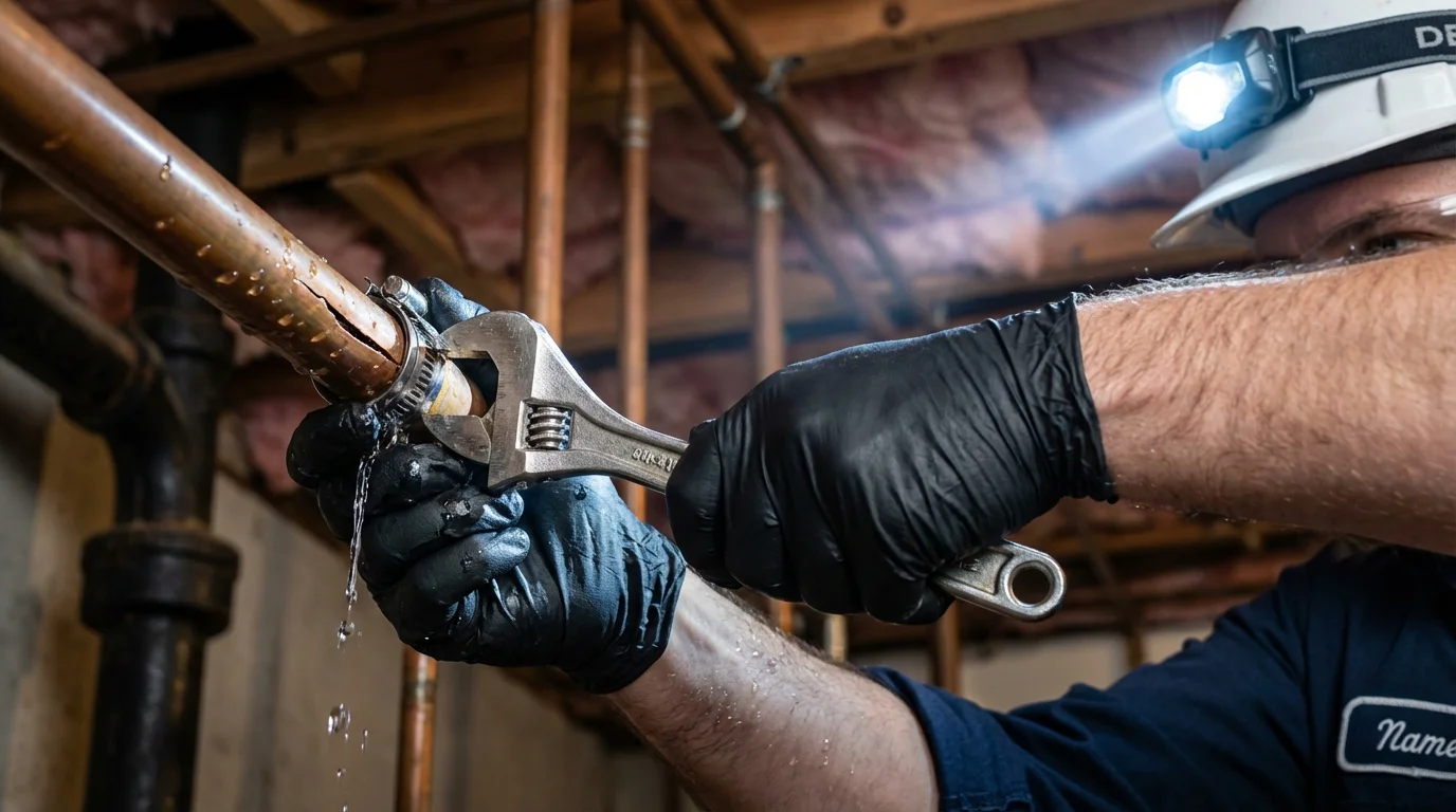 Emergency pipe clamp repair being performed by a Johns Plumbing LLC plumber in Zimmerman
