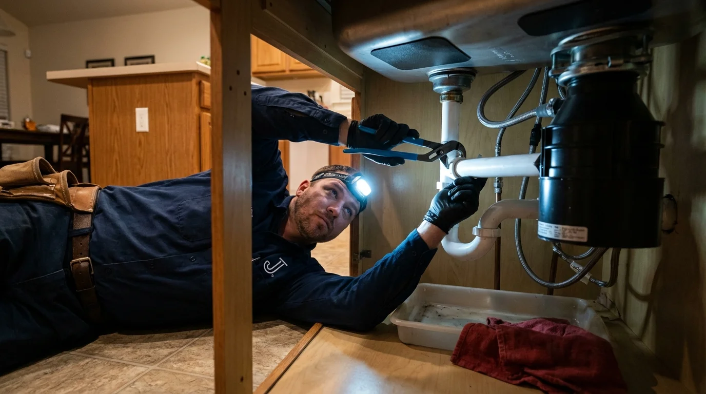 P-trap and supply line connections under a kitchen sink showing a common leak point in Zimmerman, MN